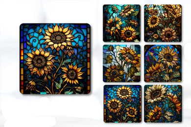 Set of 6 Stained Glass Effect Sunflower Square MDF Coaster - Set-02