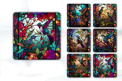 Set of 6 Stained Glass Effect Humming Bird Square MDF Coaster - Set-05
