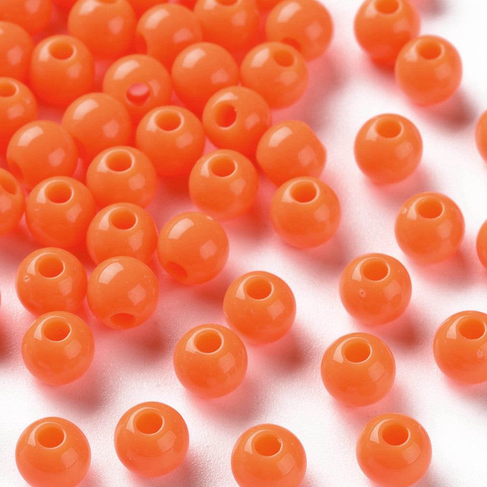 Pack of 200 Opaque Acrylic 6mm Round Large Hole Beads - Orange