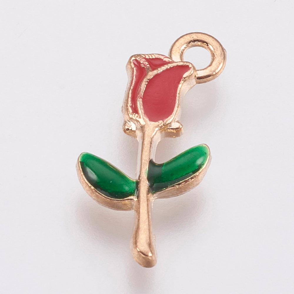 Pack of 5 x Alloy Gold and Red Enamel Rose Pendant Charms