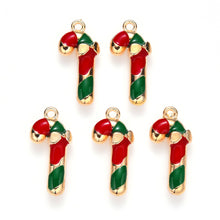 Load image into Gallery viewer, Pack of 10 Alloy Enamel Candy Cane Light Gold &amp; Red Charms