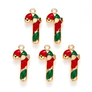 Pack of 10 Alloy Enamel Candy Cane Light Gold & Red Charms