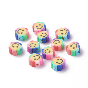 Mixed-Colour Polymer Clay Beads Flower with Smiley Face 9 x 5mm Pack of 30