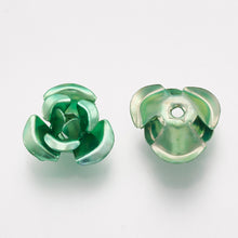 Load image into Gallery viewer, Pack of 100 Aluminium 3 Petal Flower Beads 7 x 4mm Metallic Aquamarine