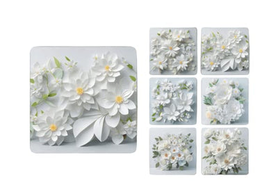 Set of 6 White Flower Square MDF Coaster - Set-21