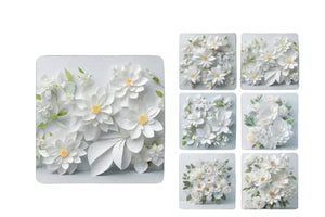 Set of 6 White Flower Square MDF Coaster - Set-21