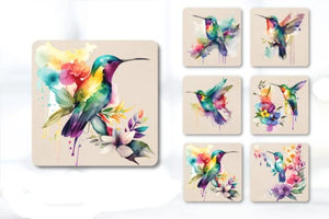 Set of 6 Rainbow Hummingbirds Square MDF Coaster - Set-07
