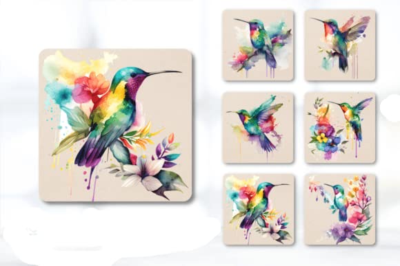 Set of 6 Rainbow Hummingbirds Square MDF Coaster - Set-07