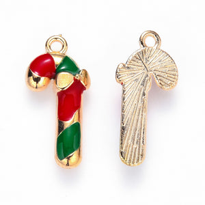 Pack of 10 Alloy Enamel Candy Cane Light Gold & Red Charms