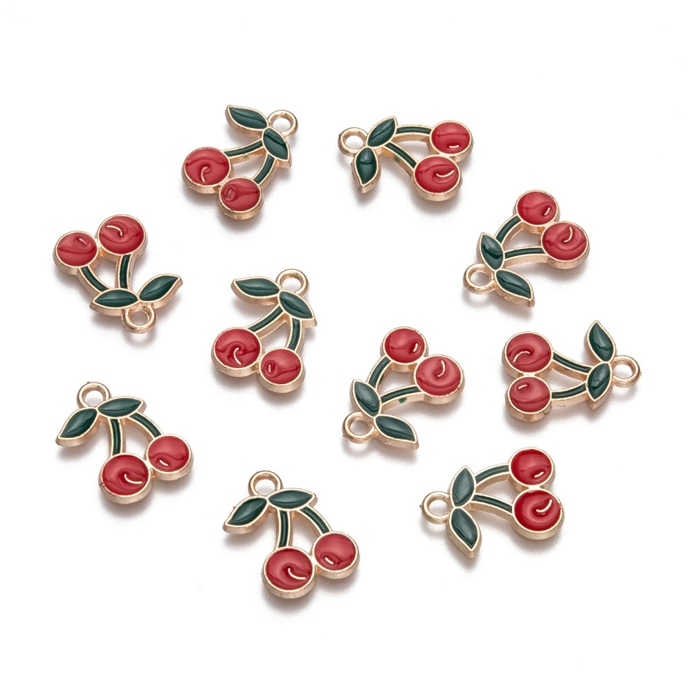 Pack of 5 Enamel Alloy 18 x 13mm Red/Green Cherry Charms