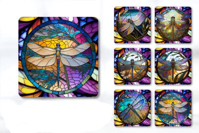 Set of 6 Stained Glass Effect Dragonfly Square MDF Coaster - Set-03