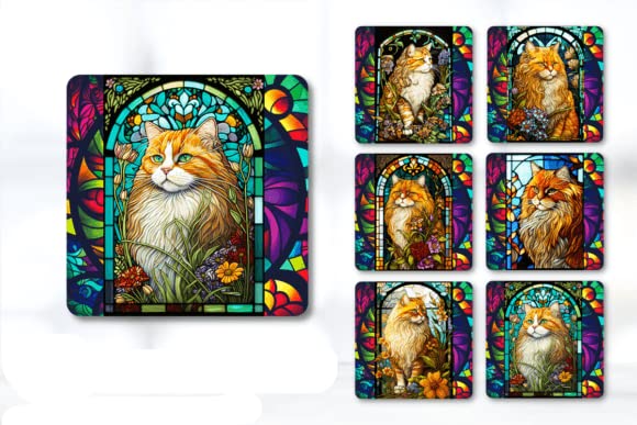 Set of 6 Stained Glass Effect Cat Square MDF Coaster - Set-04