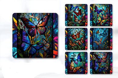 Set of 6 Rainbow Butterflies Square MDF Coaster - Set-08