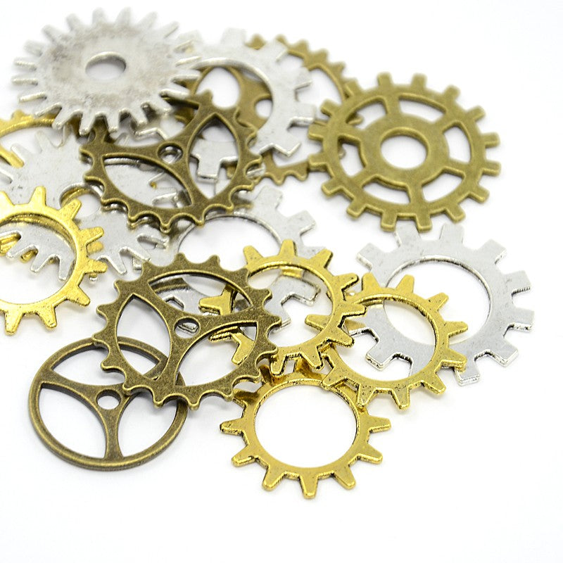 Pack 30 Grams Mixed Colour Steampunk Gear Cog Shapes & Sizes Charms (COG)
