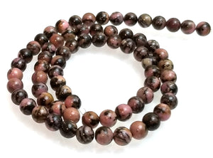 Strand of Natural 8mm Black Veined Rhodonite Beads