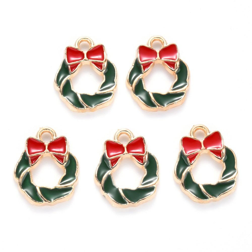 Pack of 5 Alloy Enamel Christmas Wreath with Bowknot Charms, 15 x 12mm, Green