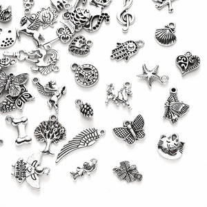 100 Pcs Tibetan Mixed Antique Silver Beads Charms Pendants - Mixed Shapes