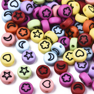 Pack of 100 Opaque Flat Round 7mm Heart, Star, Moon, Flower Mixed Colour Beads