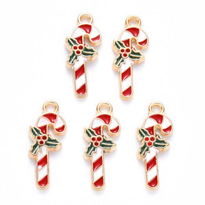 Pack of 10 Alloy Enamel Christmas Candy Cane Charms 19 x 7.5mm, Red