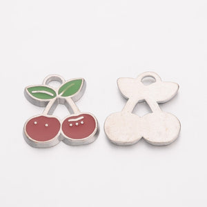 Pack of 5 Enamel Alloy 18mm Red/Green Cherry Charms