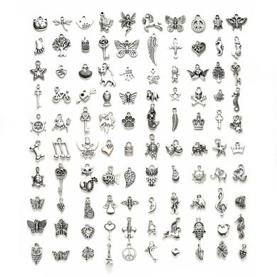 100 Pcs Tibetan Mixed Antique Silver Beads Charms Pendants - Mixed Shapes