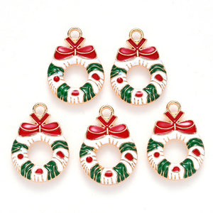 Pack of 5 Alloy Enamel Christmas Wreath with Bowknot Charms, 23 x 16mm