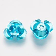 Load image into Gallery viewer, Pack of 100 Aluminium 3 Petal Flower Beads 7 x 4mm Metallic Sky Blue