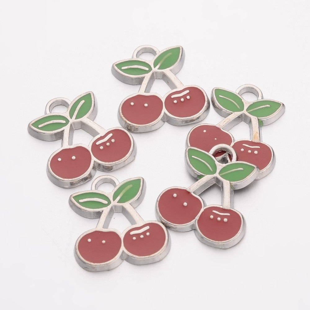 Pack of 5 Enamel Alloy 18mm Red/Green Cherry Charms