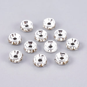 Pack of 20 Brass Rhinestone Silver Plated 8mm Spacer Rondelle