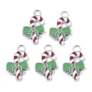 Pack of 10 Alloy Enamel Candy Cane Charms with Bowknot