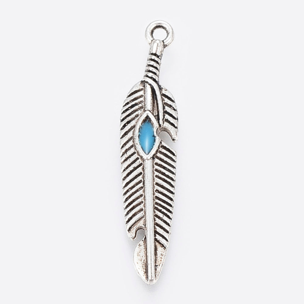 Pack of 10 Tibetan Style 27mm Blue Enamel Feather Charm