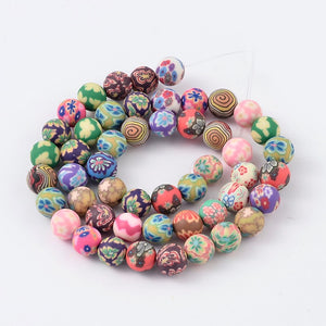 Mixed-Colour Polymer Clay Beads Plain Round 8mm Strand of 45+