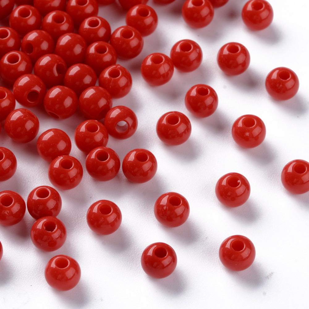 Pack of 200 Opaque Acrylic 6mm Round Large Hole Beads - Red