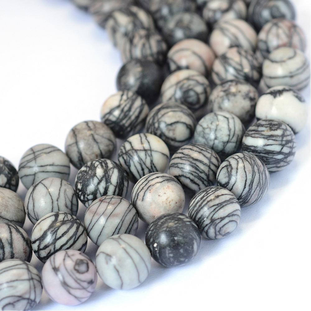 Natural Black Silk Stone/Netsone 8mm Round Beads