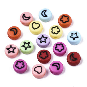 Pack of 100 Opaque Flat Round 7mm Heart, Star, Moon, Flower Mixed Colour Beads