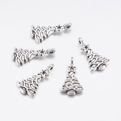 Pack of 10 Tibetan Style Antique Silver Christmas Tree Charms