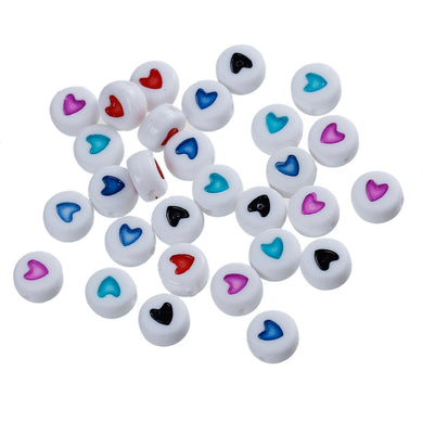 Pack of 100 Round White Heart Beads - Mixed Colours